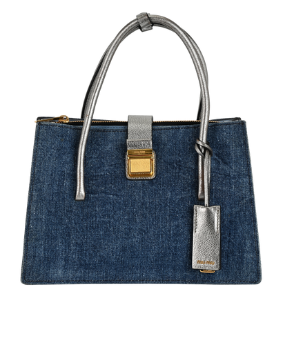 Pushlock Tote, &pound;380, Handbags, Blue/Silver, Denim/Leather, Front view